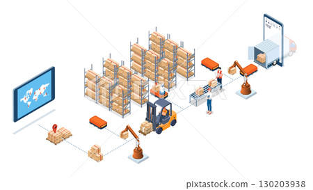 Automated Warehouse Robots and Smart Warehouse Technology concept with Agv robots, Automation System and inventory control platforms. 130203938