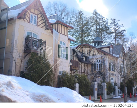 A streetscape of Western-style architecture that stands out against the snowy scenery 130204125