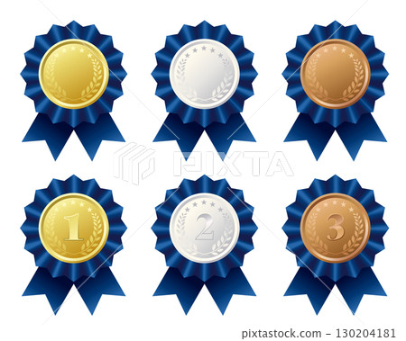 Illustration set of gold, silver and bronze medals with blue ribbon decoration 130204181