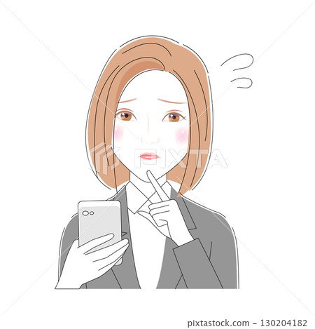 一位身穿西裝的女士因盯著智慧型手機而感到困擾 130204182