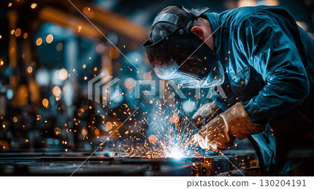 Workers welding in a factory and flying sparks 130204191