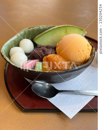Anmitsu topped with ice cream and melon Anmitsu topped with ice cream and melon 130204254