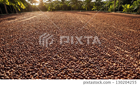 A post-harvest scene of cocoa beans being spread out to dry in the sun 130204255