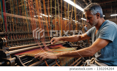Skilled craftsmanship and tradition | Serious faces of workers at a textile factory 130204264