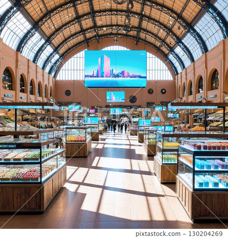 A modern food section in a spacious space | A sophisticated department store basement 130204269