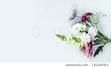 Purple fresh bouquet background photo, offering, copy space, white background, Buddhist flowers Purple fresh bouquet background photo, offering, copy space, white background, Buddhist flowers 130204363