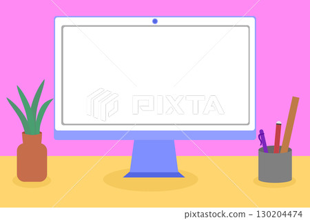 A clean and simple illustration of a computer desk with a blank screen, perfect for adding your own text or images A clean and simple illustration of a computer desk with a blank screen, perfect for adding your own text or images 130204474