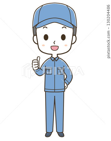 一位年輕男工人豎起大拇指的全身插畫 130204486