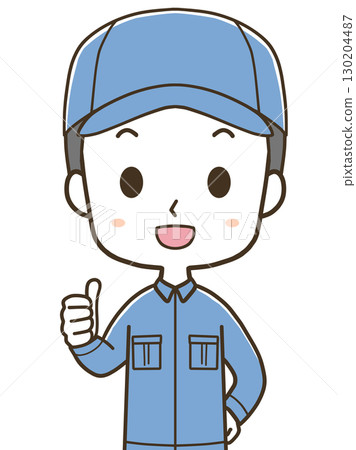 Upper body illustration of a young male worker giving a thumbs up 130204487
