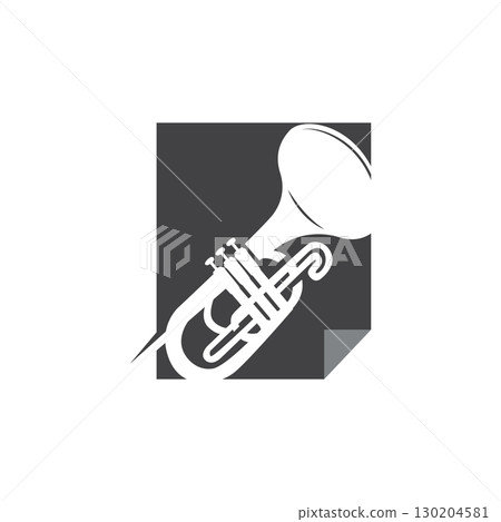 minimalist music trumpet logo design with old vintage concept black silhouette of musical instrument as symbol template minimalist music trumpet logo design with old vintage concept black silhouette of musical instrument as symbol template 130204581