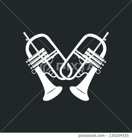 minimalist music trumpet logo design with old vintage concept black silhouette of musical instrument as symbol template 130204585