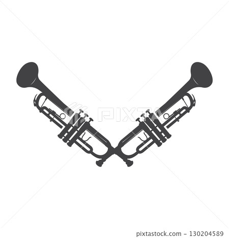 minimalist music trumpet logo design with old vintage concept black silhouette of musical instrument as symbol template 130204589