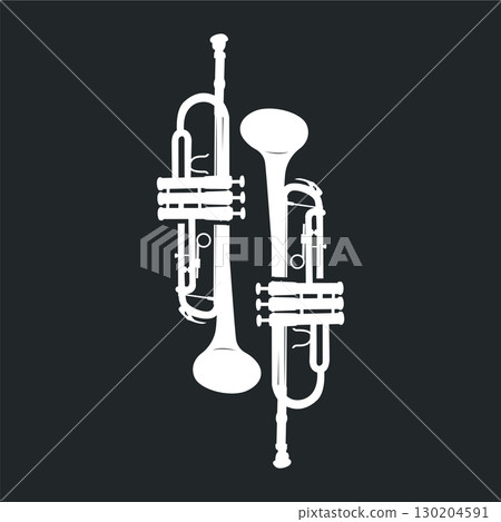 minimalist music trumpet logo design with old vintage concept black silhouette of musical instrument as symbol template 130204591