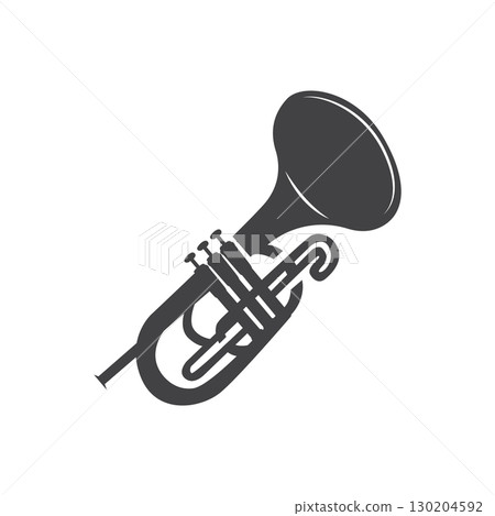 minimalist music trumpet logo design with old vintage concept black silhouette of musical instrument as symbol template minimalist music trumpet logo design with old vintage concept black silhouette of musical instrument as symbol template 130204592