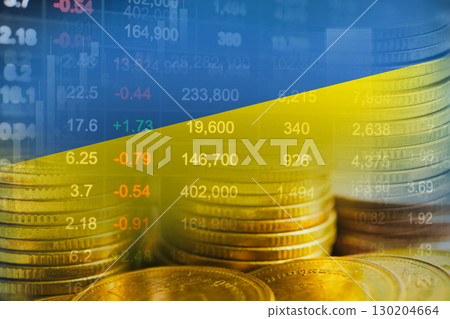 Ukraine flag with stock market finance, economy trend graph digital technology. Ukraine flag with stock market finance, economy trend graph digital technology. 130204664