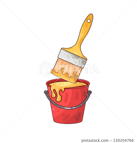 illustration of dipping paint brush into paint bucket 130204766
