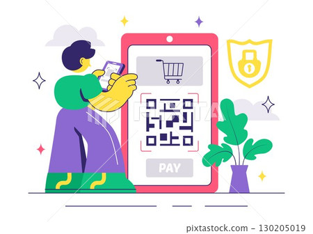Mobile Payment Vector Illustration featuring Smartphone QR Code Scanning and Smart Wallet Transactions via Credit and Debit Card Applications Mobile Payment Vector Illustration featuring Smartphone QR Code Scanning and Smart Wallet Transactions via Credit and Debit Card Applications 130205019