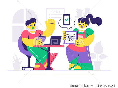 Mobile Payment Vector Illustration featuring Smartphone QR Code Scanning and Smart Wallet Transactions via Credit and Debit Card Applications 130205021