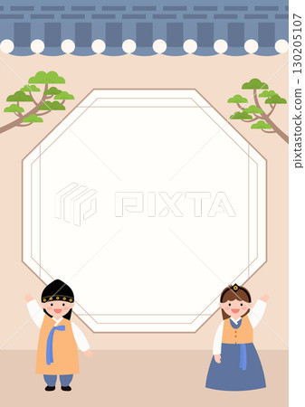 Cute children wearing hanbok on a traditional Korean background. 130205107