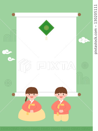 Cute children wearing hanbok on a traditional Korean background. 130205111