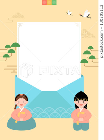 Cute children wearing hanbok on a traditional Korean background. 130205112