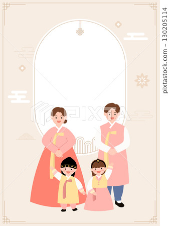 Cute children wearing hanbok on a traditional Korean background. 130205114