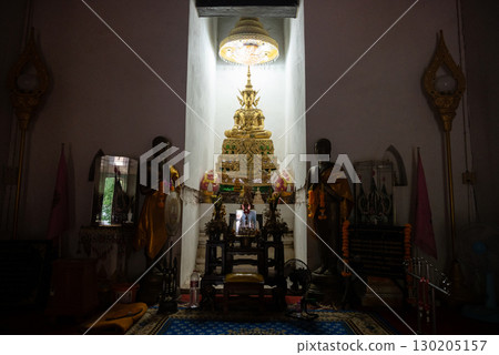 The mock-up of Phra Fang Buddha statue in Wat Phra Fang temple in Uttaradit province of Thailand. The real statue is currently preserved at Wat Benchamabophit, Bangkok. The mock-up of Phra Fang Buddha statue in Wat Phra Fang temple in Uttaradit province of Thailand. The real statue is currently preserved at Wat Benchamabophit, Bangkok. 130205157