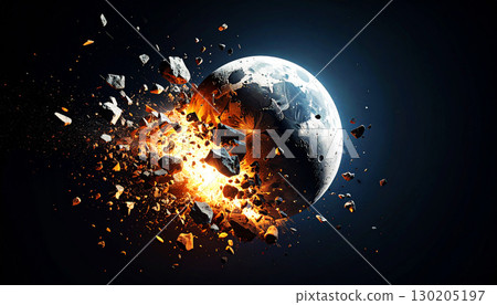 Cosmic moon shattering into fiery fragments and dust in deep space, with glowing debris and dramatic explosion lighting, representing destruction, cosmic energy, and astronomical impact Cosmic moon shattering into fiery fragments and dust in deep space, with glowing debris and dramatic explosion lighting, representing destruction, cosmic energy, and astronomical impact 130205197