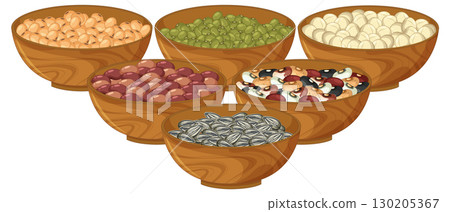 Assorted Beans and Seeds in Wooden Bowls Illustration Assorted Beans and Seeds in Wooden Bowls Illustration 130205367