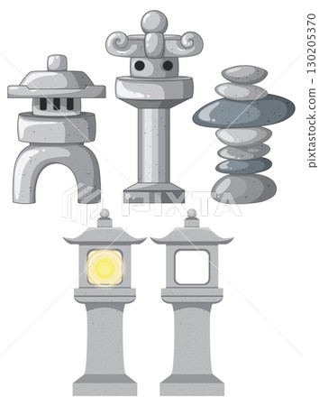 Traditional Japanese Stone Lanterns and Garden Rock Stacks Vector Set 130205370