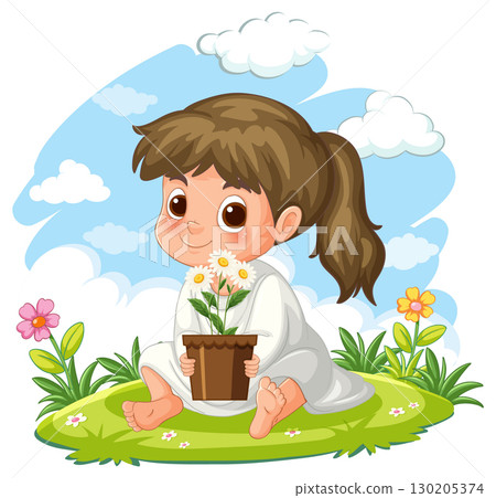 Young Girl Sitting on Grass Holding Flower Pot 130205374