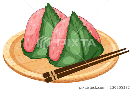 Japanese Sakura Mochi Wrapped in Leaf on Wooden Plate Japanese Sakura Mochi Wrapped in Leaf on Wooden Plate 130205382