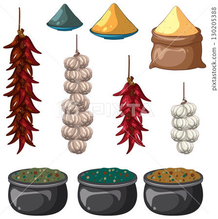 Middle Eastern Spices, Dried Peppers, and Garlic Vector Set 130205388
