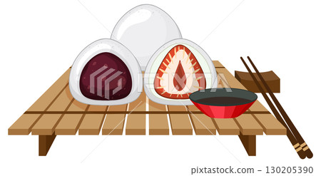Japanese Mochi and Tea on Bamboo Mat Illustration 130205390