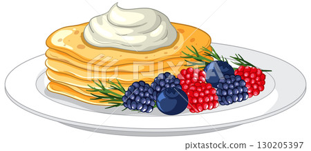 Stack of Pancakes with Cream and Fresh Berries Stack of Pancakes with Cream and Fresh Berries 130205397