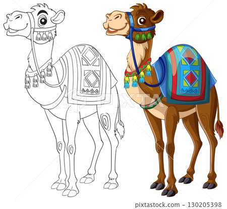 Decorated Camel Illustration with Color and Outline Versions 130205398