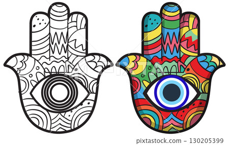 Colorful and Monochrome Hamsa Hand with Evil Eye Motif 130205399