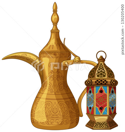 Traditional Middle Eastern Coffee Pot and Ornate Lantern Illustration 130205400