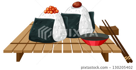 Japanese Onigiri Rice Balls with Seaweed on Bamboo Tray Japanese Onigiri Rice Balls with Seaweed on Bamboo Tray 130205402