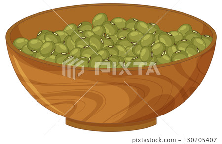 Wooden Bowl Filled With Green Mung Beans 130205407
