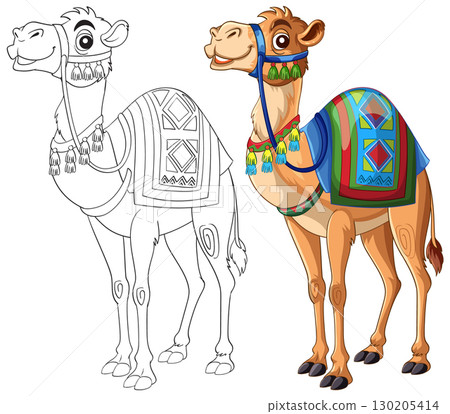 Colorful Cartoon Camel with Traditional Middle Eastern Saddle Blanket 130205414