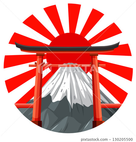 Torii Gate with Mount Fuji and Rising Sun Illustration 130205500