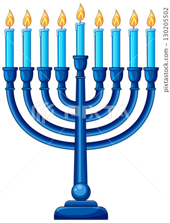 Blue Hanukkah Menorah with Nine Lit Candles Illustration 130205502