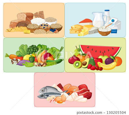 Balanced Food Groups Vector Illustration for Healthy Diet 130205504