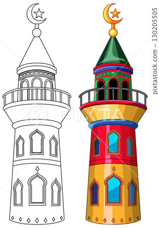 Colorful and Outline Vector Illustration of Middle Eastern Minaret 130205505