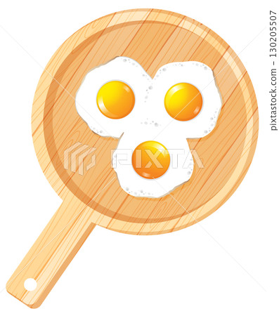 Three Fried Eggs on Wooden Cutting Board Illustration 130205507