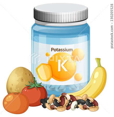 Potassium Supplement Bottle with Fruits and Vegetables Potassium Supplement Bottle with Fruits and Vegetables 130205528