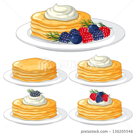 Stack of Pancakes with Whipped Cream and Berries 130205548
