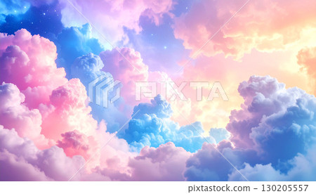 Soft pastel nebula with dreamy pink, lavender, and baby blue clouds, blending into a calming cosmic scene with gentle, surreal atmosphere, clouds in the sky, abstract colorful background 130205557