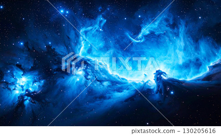 Electric blue nebula glowing in deep space, with bright plasma bursts and dark cosmic clouds creating a dramatic and luminous astronomical scene., abstract space 130205616